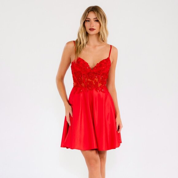 NEW FORMAL SLEEVELESS A-LINE SEQUINS EMBELLISHED SATIN DRESS W/ V-NECK JT940R - Picture 1 of 9